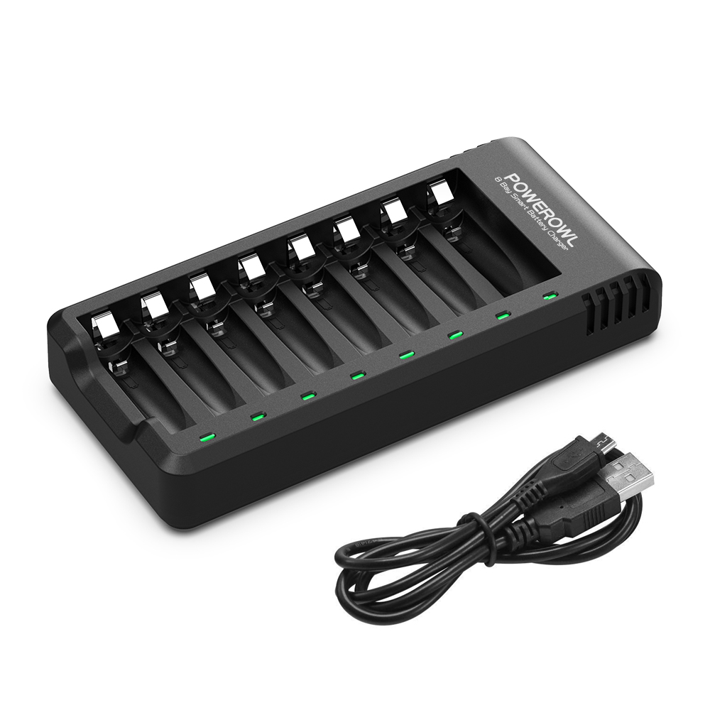 POWEROWL 8 Bay AA AAA Battery Charger, USB High-Speed Charging, Independent Slot, for Ni-MH Ni-CD Rechargeable Batteries, No Adapter